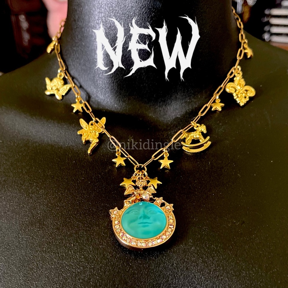 Whimsical Handmade charm Necklace Choker Moon Face Stars Fairy Fantasy Gold Goth
